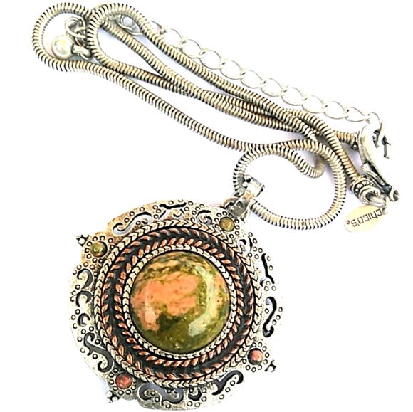 HTF Chico's Unakite Antiqued SilverTone Necklace - Picture 2 of 8